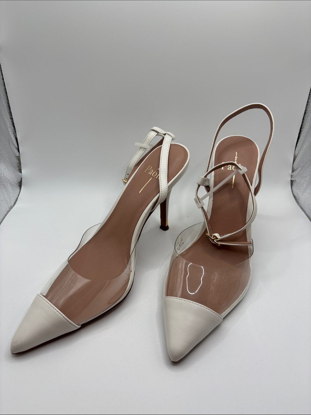 White Pointed Slingback Heels with Clear Panel
